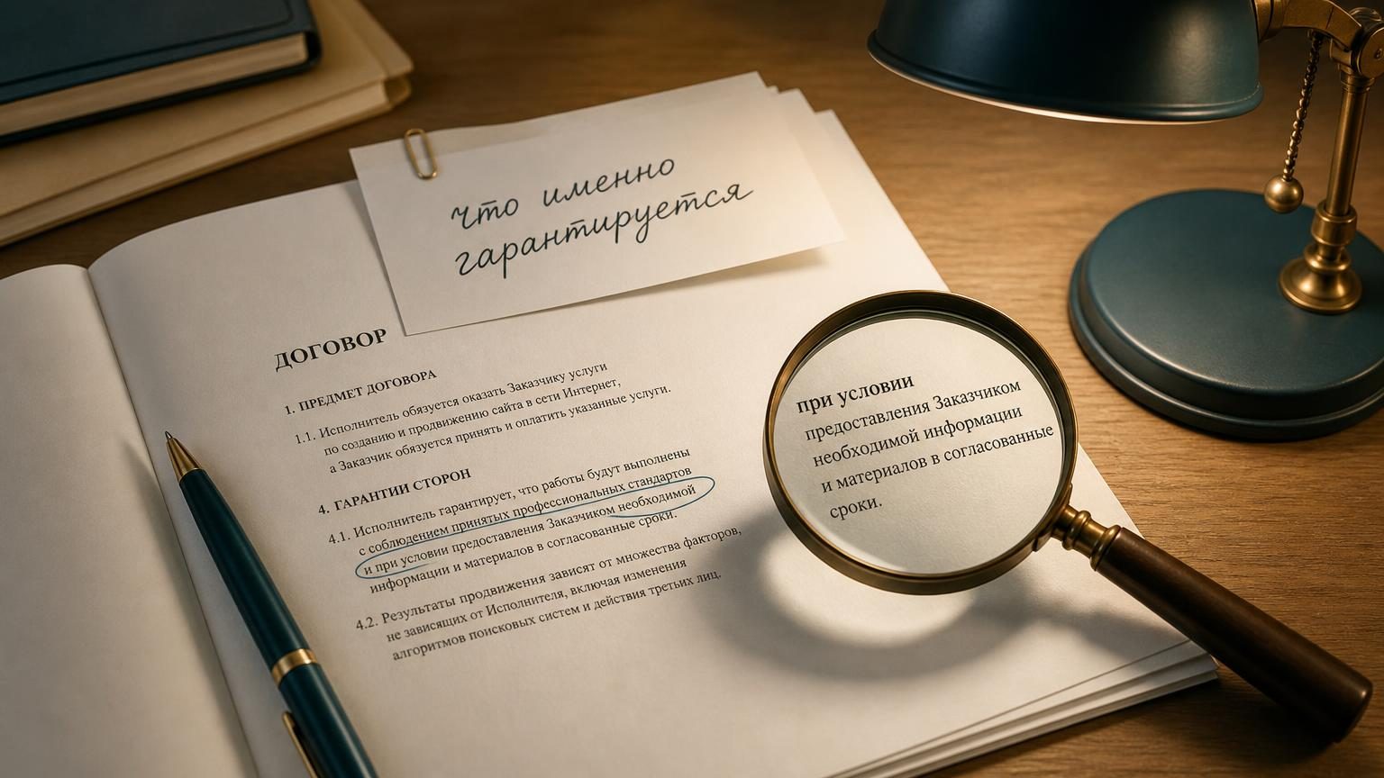 Договор на столе, открытый на странице с мелким шрифтом, часть абзаца обведена ручкой, рядом лупа увеличивает строку. На верхнем листе от руки написано «что именно гарантируется…