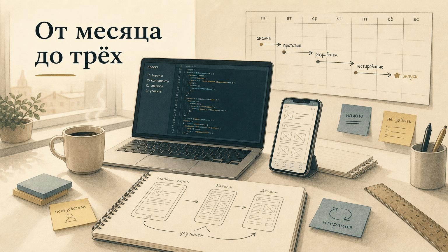 На столе лежит ноутбук с кодом на экране, рядом смартфон в процессе разработки (видны элементы интерфейса в черновике). На столе блокнот с эскизами, стикеры, кофе, линейка. Тепл…
