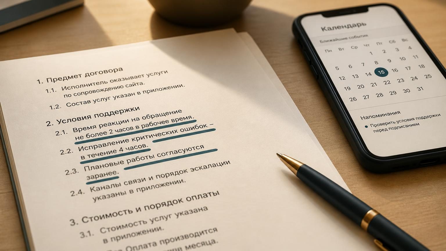 Крупный план листа договора на столе, на бумаге маркером подчёркнуты строки, рядом лежит ручка и телефон с открытым календарём. Видна только часть текста без читаемых названий. …