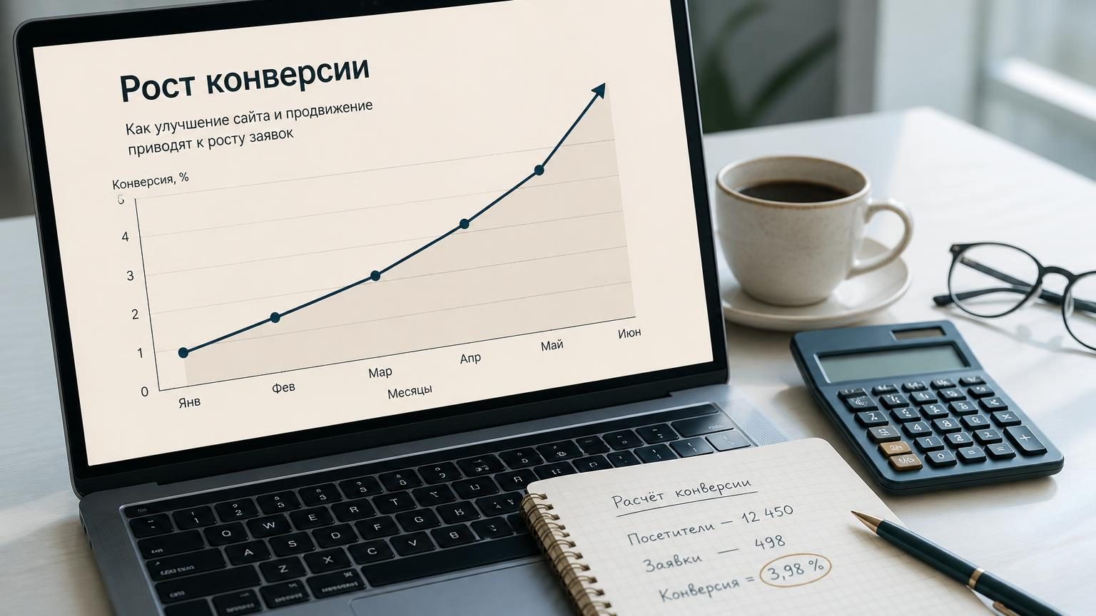 Ноутбук на столе с графиком конверсии на экране, линия растёт вверх. Рядом калькулятор, ручка, блокнот с расчётами. На столе кофе в чашке, очки. Свет дневной, холодный синий тон…