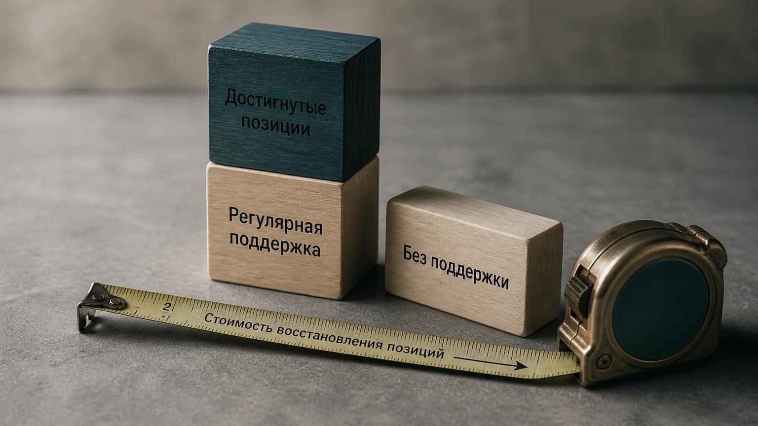 Крупный план двух деревянных блоков на столе, поставленных друг на друга как столбики диаграммы, рядом третий блок лежит на боку, будто съехал. Поверх лежит рулетка с вытянутой …