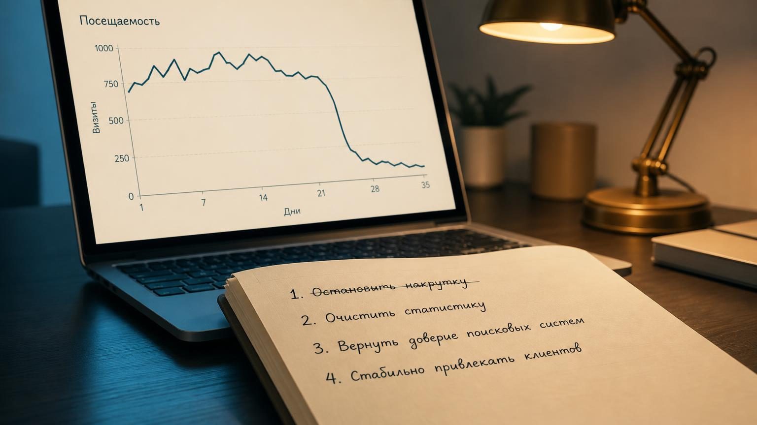 Экран ноутбука с графиком, который резко уходит вниз, экран занимает две трети кадра, виден сбоку и под углом. Перед ноутбуком раскрытый бумажный блокнот с рукописным списком из…