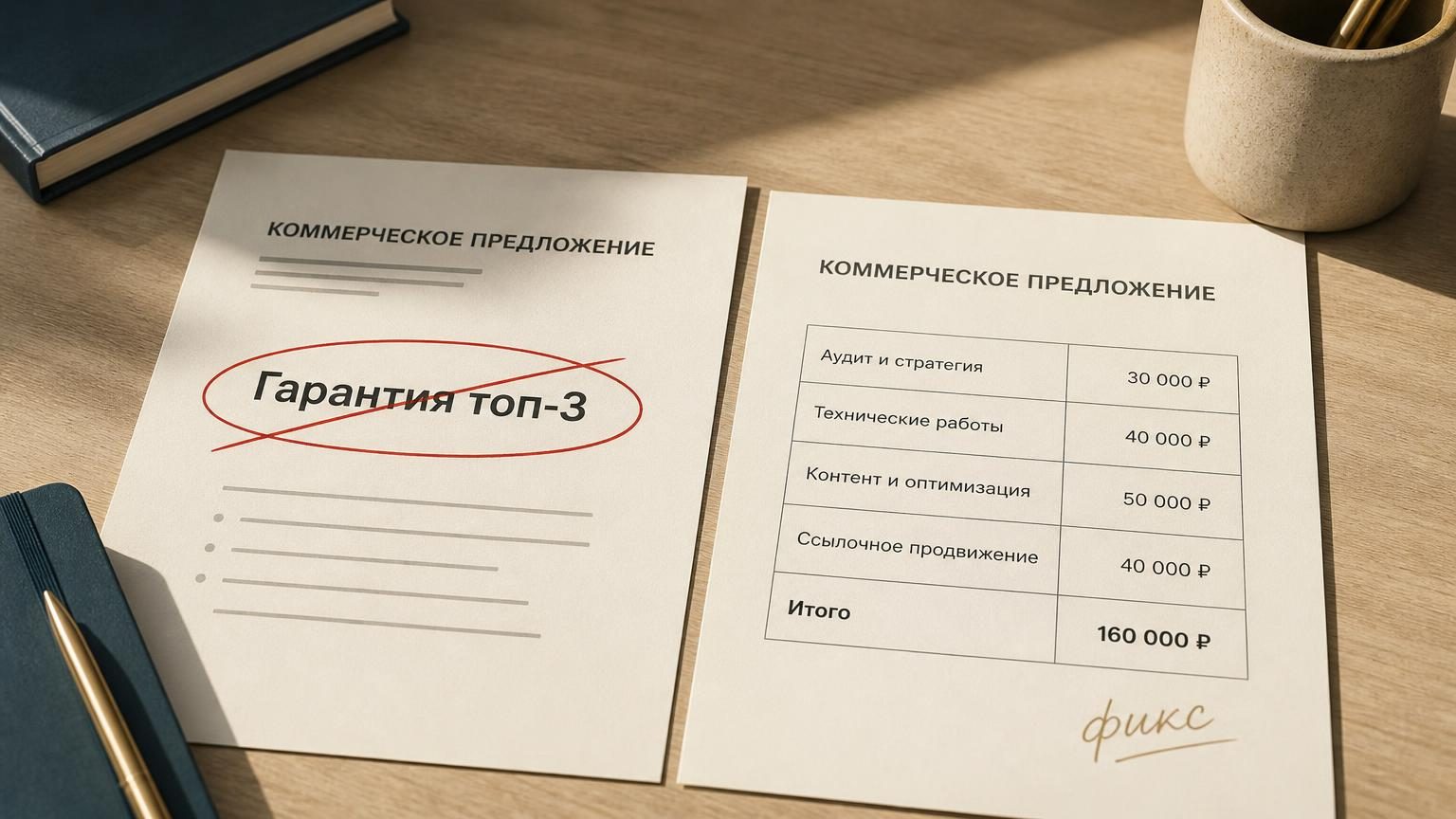 Два листа коммерческих предложений лежат рядом на столе. На левом крупная строка «Гарантия топ-3» обведена красным и перечёркнута. На правом видна таблица из строк с суммами нап…