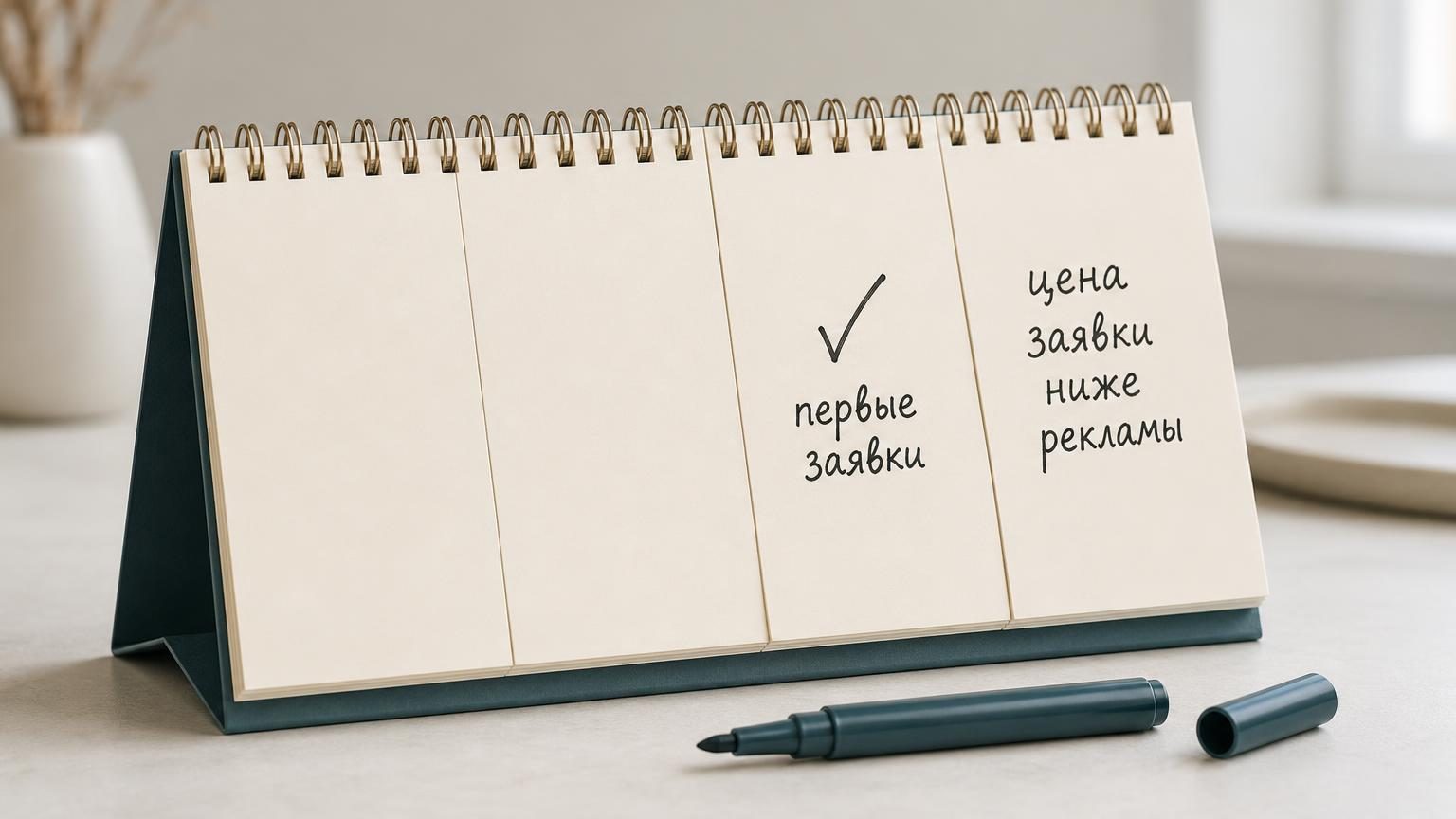 Настольный календарь-перекидка крупно, видны четыре разворота подряд, на первых двух пусто, на третьем от руки галочка и подпись «первые заявки», на четвёртом подпись «цена заяв…