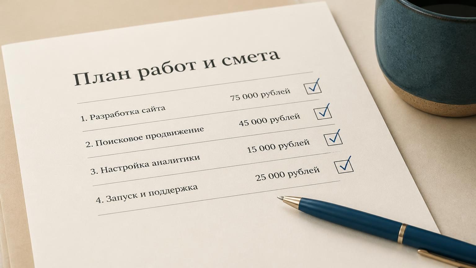 Документ на столе крупным планом, сверху заголовок «План работ и смета», под ним четыре строки с суммами и галочками, поставленными синей ручкой. Ручка лежит на бумаге, на краю …